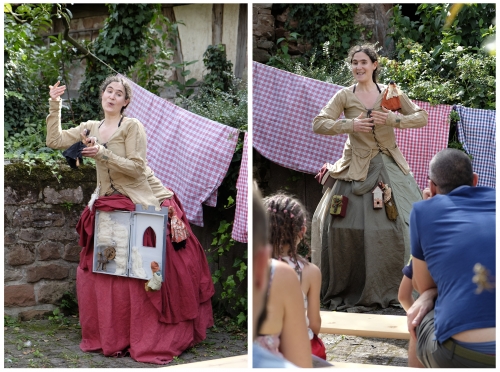 Festival international de théâtre de marionnettes à Pfortzheim, Internationales Strassentheater fûr Figuren in Pfortzheim, théâtre de marionnettes franco-allemand Cie ABOUDBRAS, contes sur robes, Kleidinszenierungen Brüder Grimm, Langes Fädchen faules Mädchen, De fil en aiguille