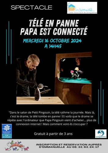 Télé en panne / Papa est connecté, spectacle jeune public problématique écrans, spectacle de marionnettes pour sensibiliser usage des écrans, spectacle sur les écrans en famille, compagnie ABOUDBRAS, marionnettes sac, spectacle jeune public Fortsfeld, spectacle jeune public Sarreguemines, spectacle de marionnettes, compagnie Conte et marionnette Lorraine Alsace Grand Est